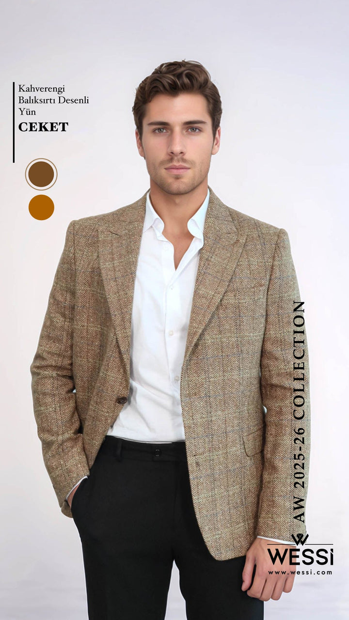 Blazer Hombre Herringbone Slim Fit Lana Marrón - Wessi