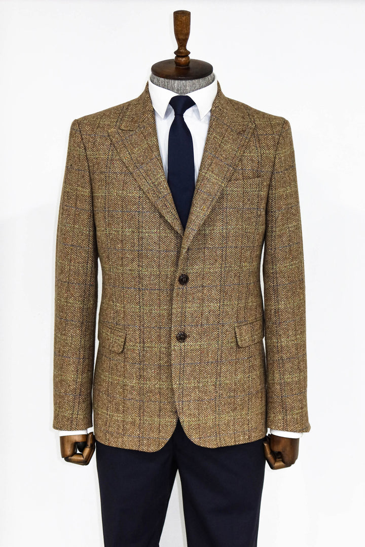 Herringbone Slim Fit Wool Tan Men Blazer and Trousers Combination- Wessi