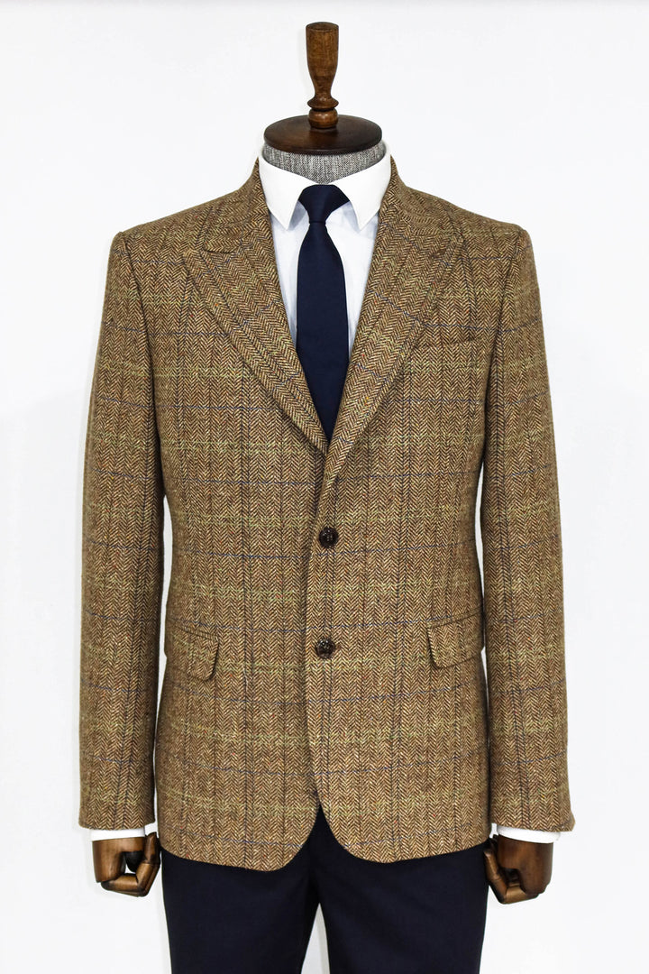 Herringbone Slim Fit Wool Tan Men Blazer and Trousers Combination- Wessi