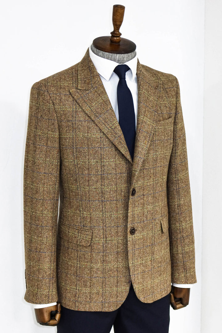 Herringbone Slim Fit Wool Tan Men Blazer and Trousers Combination- Wessi