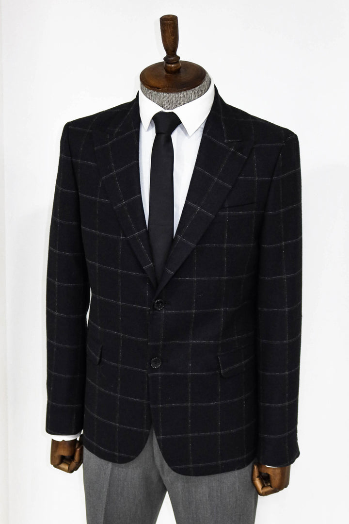 Plaid Wool Black Men Blazer and Trousers Combination - Wessi