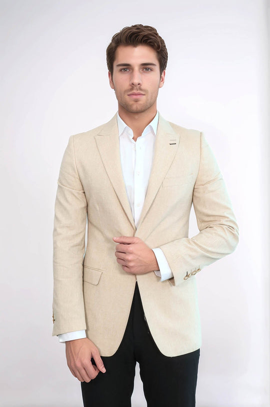 Slim-Fit Peak Lapel Beige Jacket - Wessi