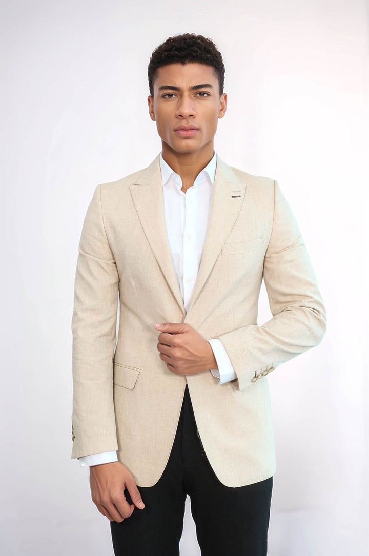 Striped Peak Lapel Beige Sport Jacket - Wessi