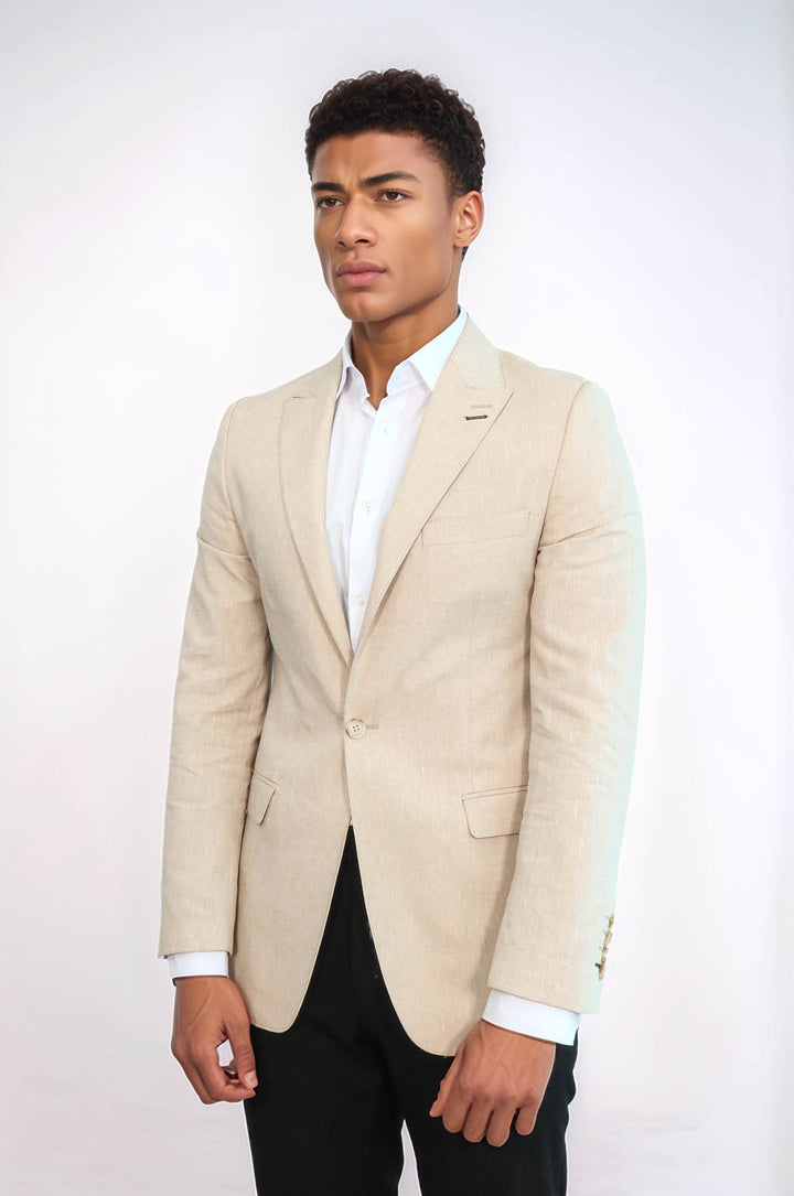 Striped Peak Lapel Beige Sport Jacket - Wessi