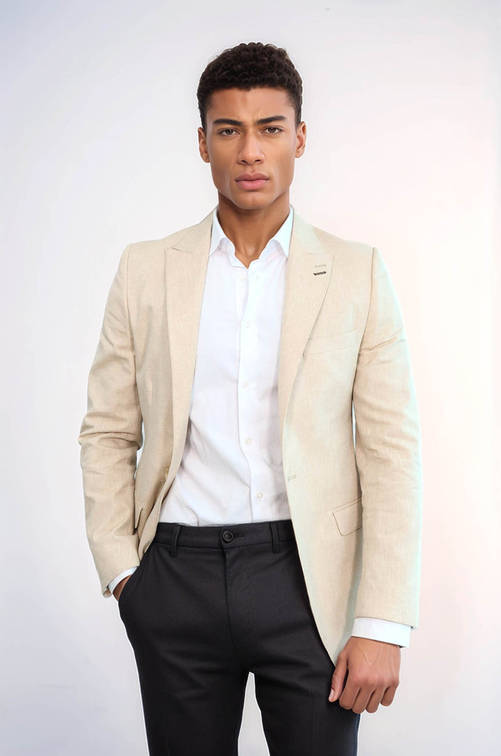 Striped Peak Lapel Beige Sport Jacket - Wessi