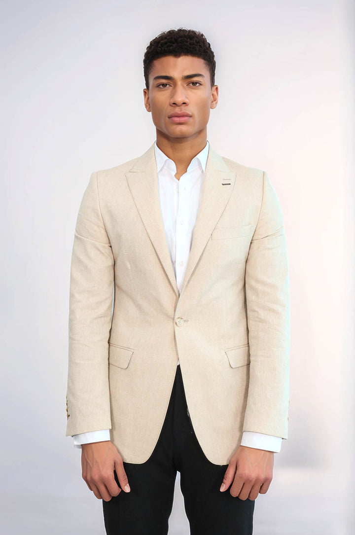 Striped Peak Lapel Beige Sport Jacket - Wessi