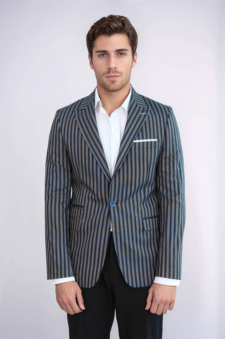 Navy Blue Striped Slim-Fit Blazer - Wessi