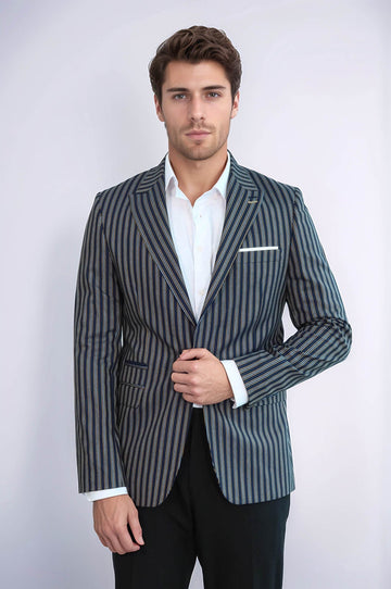 Navy Blue Striped Slim-Fit Blazer - Wessi