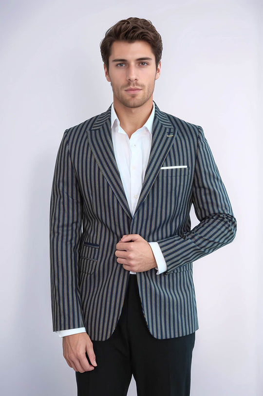 Navy Blue Striped Slim-Fit Blazer - Wessi