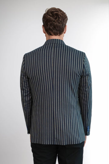 Navy Blue Striped Slim-Fit Blazer - Wessi
