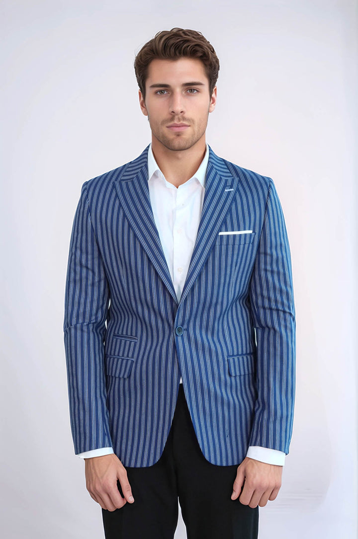 Striped Blue Slim-Fit Blazer - Wessi