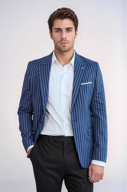 Wessi Striped Blue Slim-Fit Blazer for Men, US42