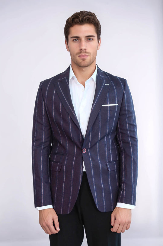 Striped Slim-Fit Burgundy Men Blazer - Wessi