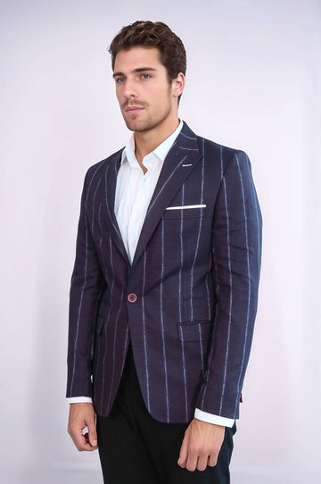 Striped Slim-Fit Burgundy Men Blazer - Wessi