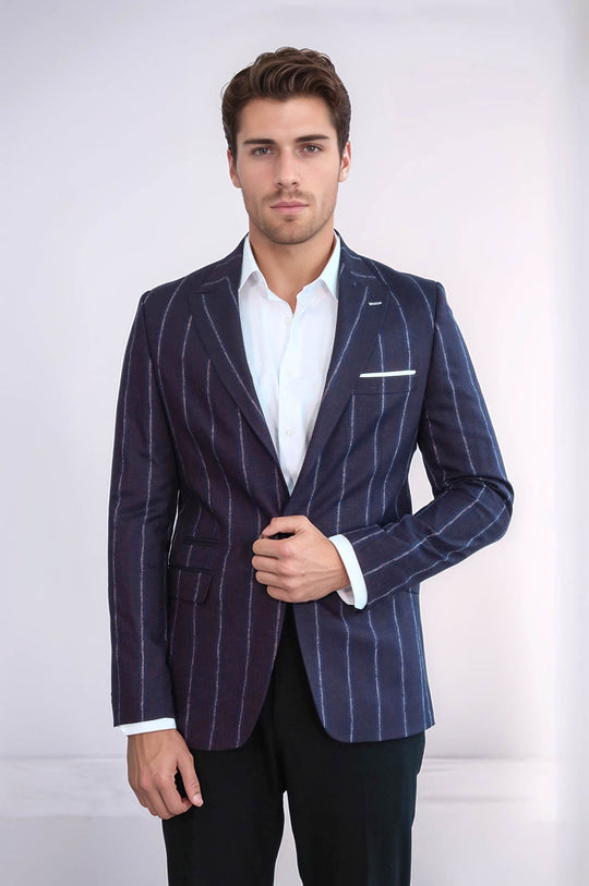 Striped Slim-Fit Burgundy Men Blazer - Wessi
