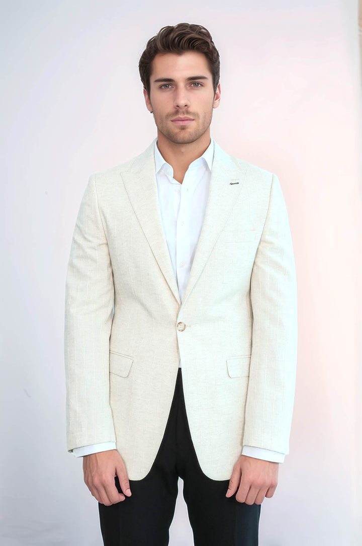 Striped Peak Lapel Cream Sport Jacket - Wessi