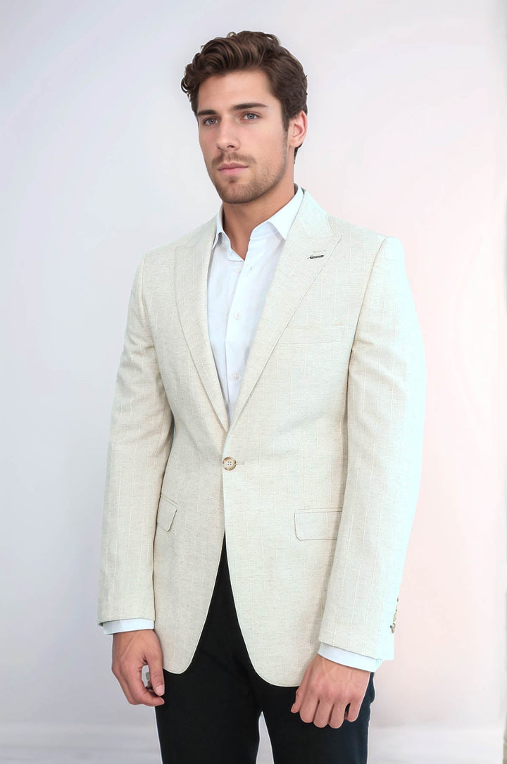 Striped Peak Lapel Cream Sport Jacket - Wessi