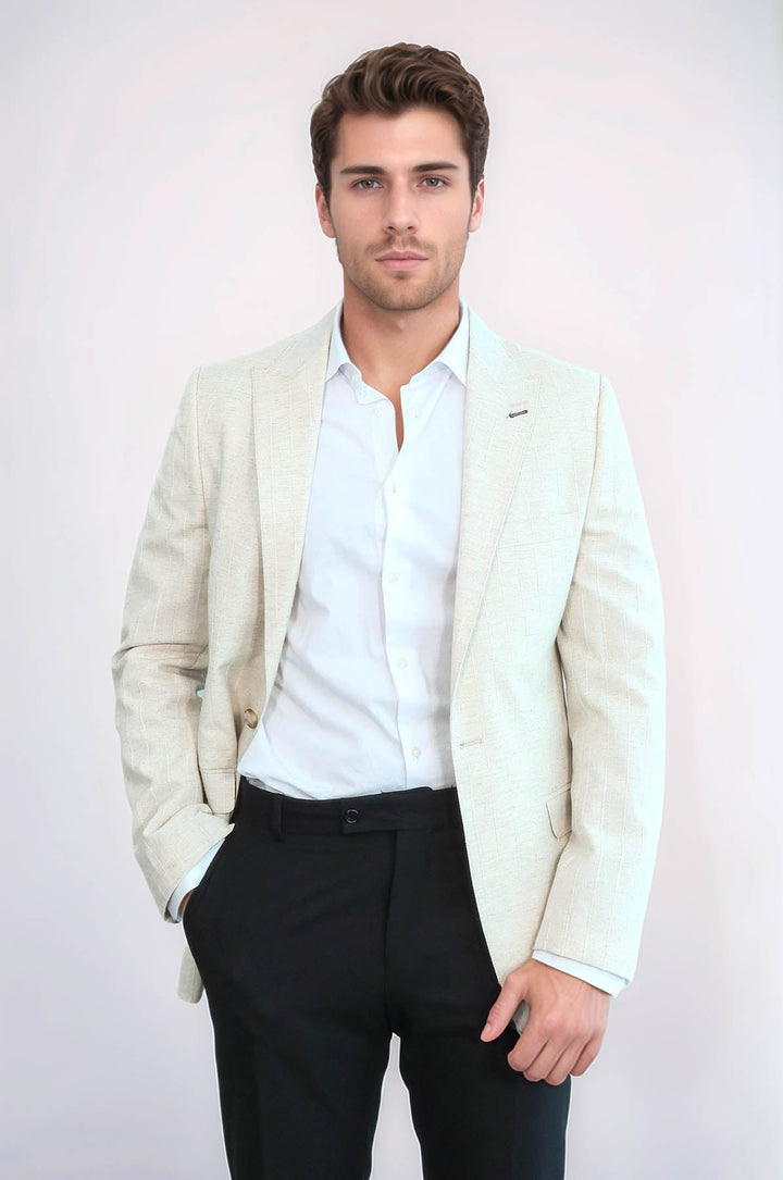 Striped Peak Lapel Cream Sport Jacket - Wessi