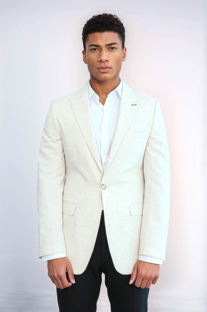Striped Peak Lapel Cream Sport Jacket - Wessi