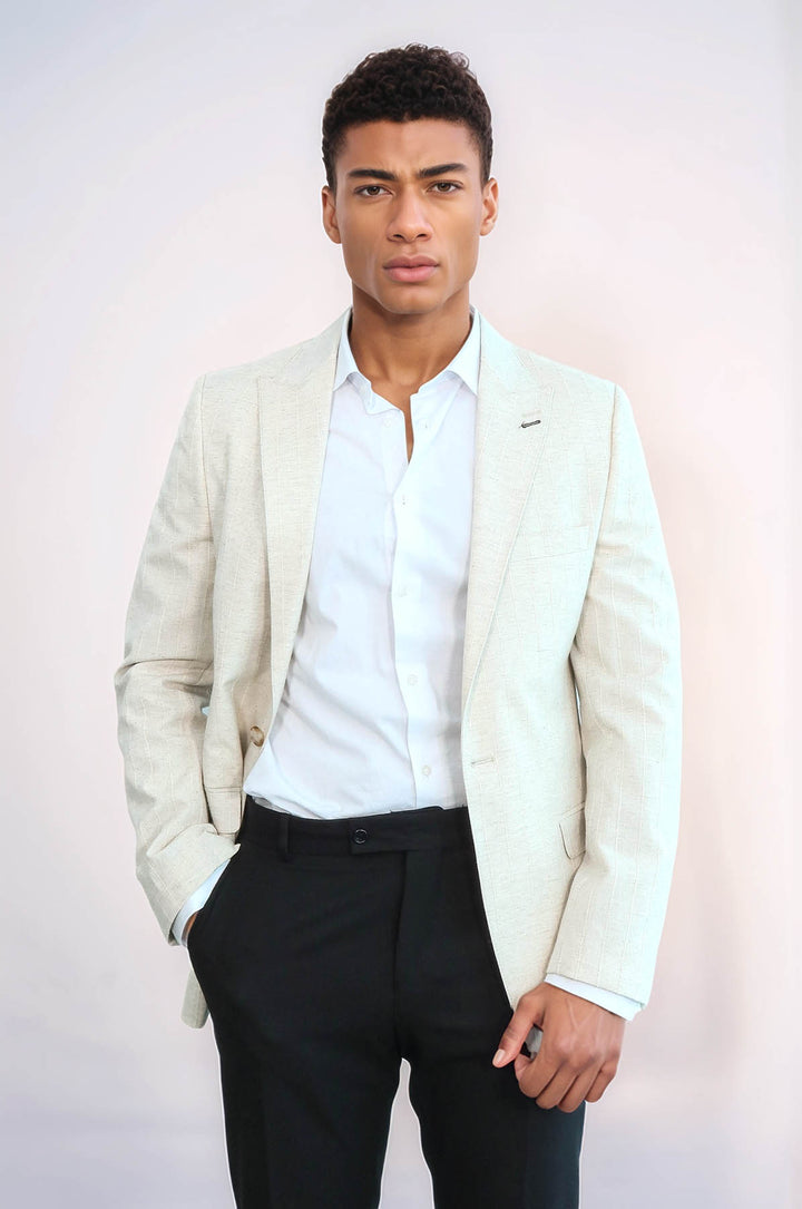 Striped Peak Lapel Cream Sport Jacket - Wessi