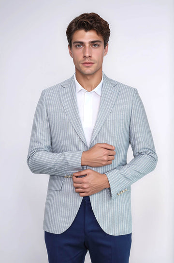 Light Blue Striped Linen Gold Metal Button Slim Fit Men's Blazer Jacket - Wessi