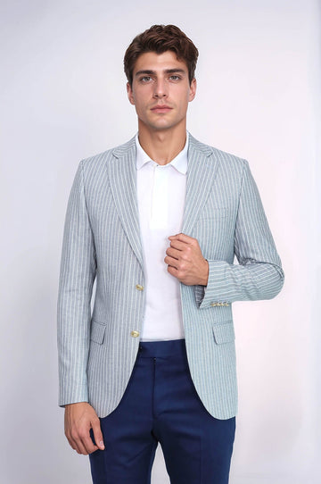 Light Blue Striped Linen Gold Metal Button Slim Fit Men's Blazer Jacket - Wessi