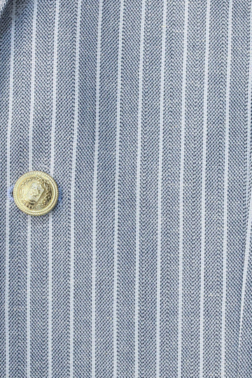 Light Blue Striped Linen Gold Metal Button Slim Fit Men's Blazer Jacket - Wessi