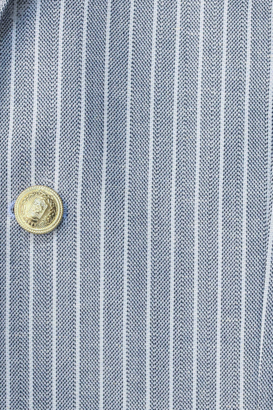 Light Blue Striped Linen Gold Metal Button Slim Fit Men's Blazer Jacket - Wessi