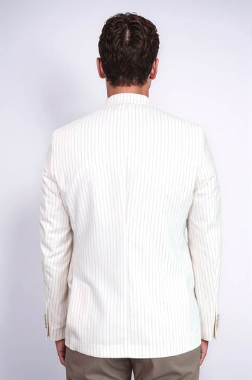 Ecru Striped Linen Gold Metal Button Slim Fit Men's Blazer Jacket - Wessi