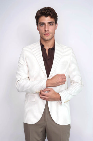Ecru Striped Linen Gold Metal Button Slim Fit Men's Blazer Jacket - Wessi