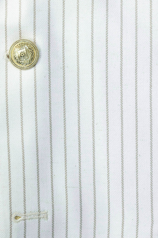 Ecru Striped Linen Gold Metal Button Slim Fit Men's Blazer Jacket - Wessi