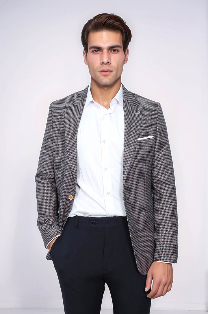بليزر بقصّة Slim-Fit منقوش باللون الأزرق الداكن - Wessi