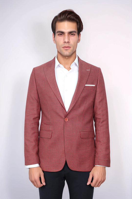Patterned Claret Red Slim-Fit Blazer - Wessi