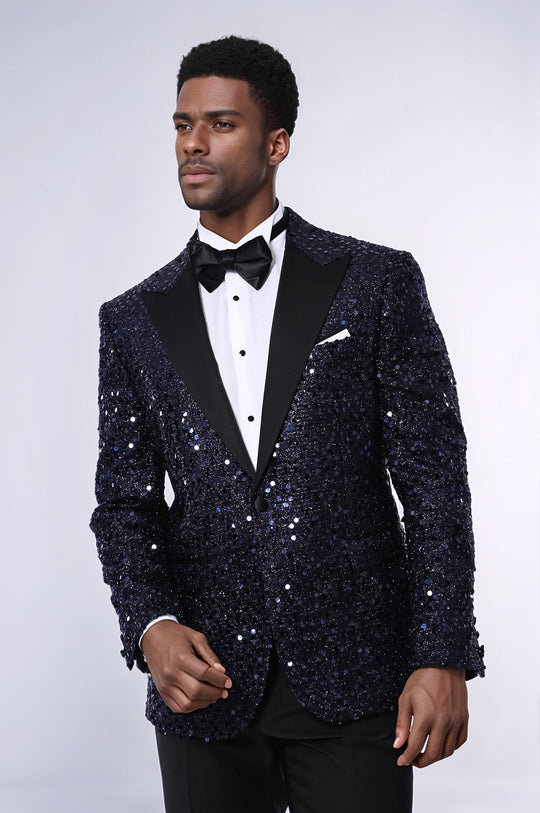 Navy Blue Sequin Patterned Party Blazer - Slim Fit Tuxedo Blazer | Wessi Wessi - Discover Diversity Navy Blue Sequin Patterned Party Blazer - Slim Fit Tuxedo Blazer | Wessi Wessi - Discover Diversity