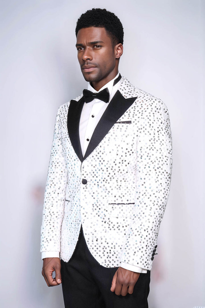 Glitter Pattern White Men Prom Blazer - Wessi