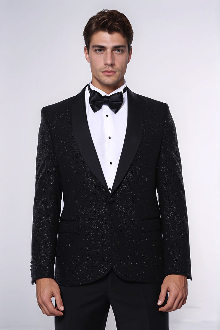 Blazer da festa da uomo scintillante con risvolto sciallato nero - Wessi