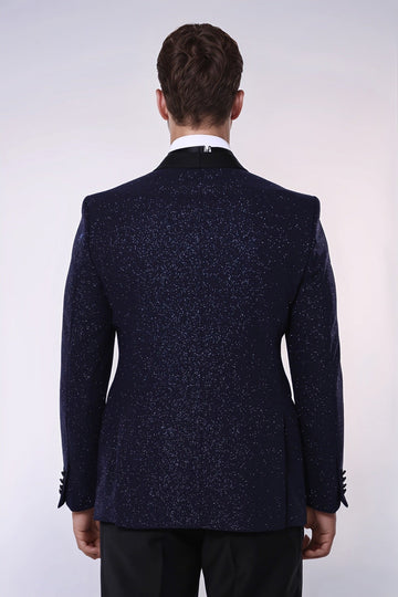 Blazer de bal pour hommes bleu marine scintillant à revers châle - Wessi