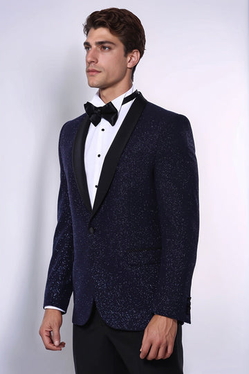 Blazer de bal pour hommes bleu marine scintillant à revers châle - Wessi