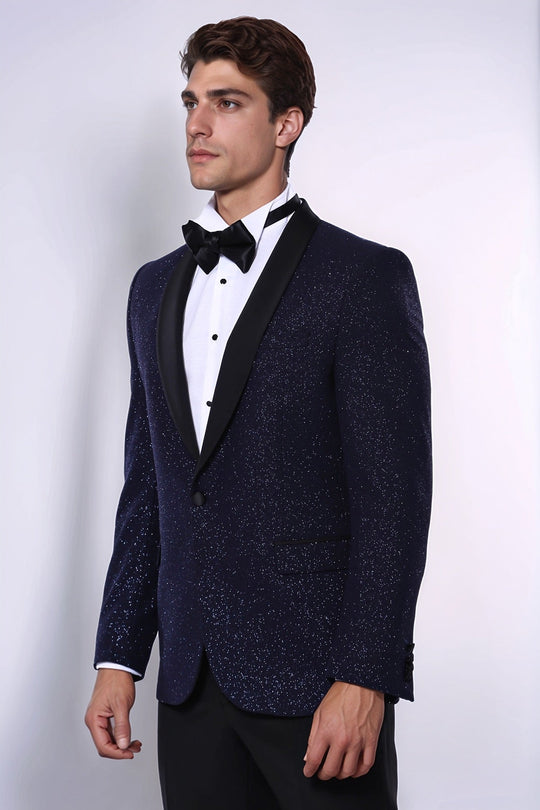 Blazer de bal pour hommes bleu marine scintillant à revers châle - Wessi