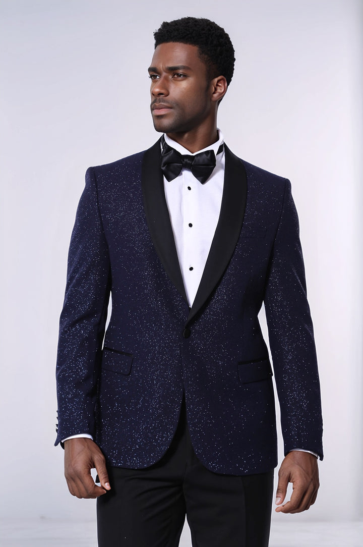Blazer da ballo da uomo con risvolto sciallato scintillante blu navy - Wessi