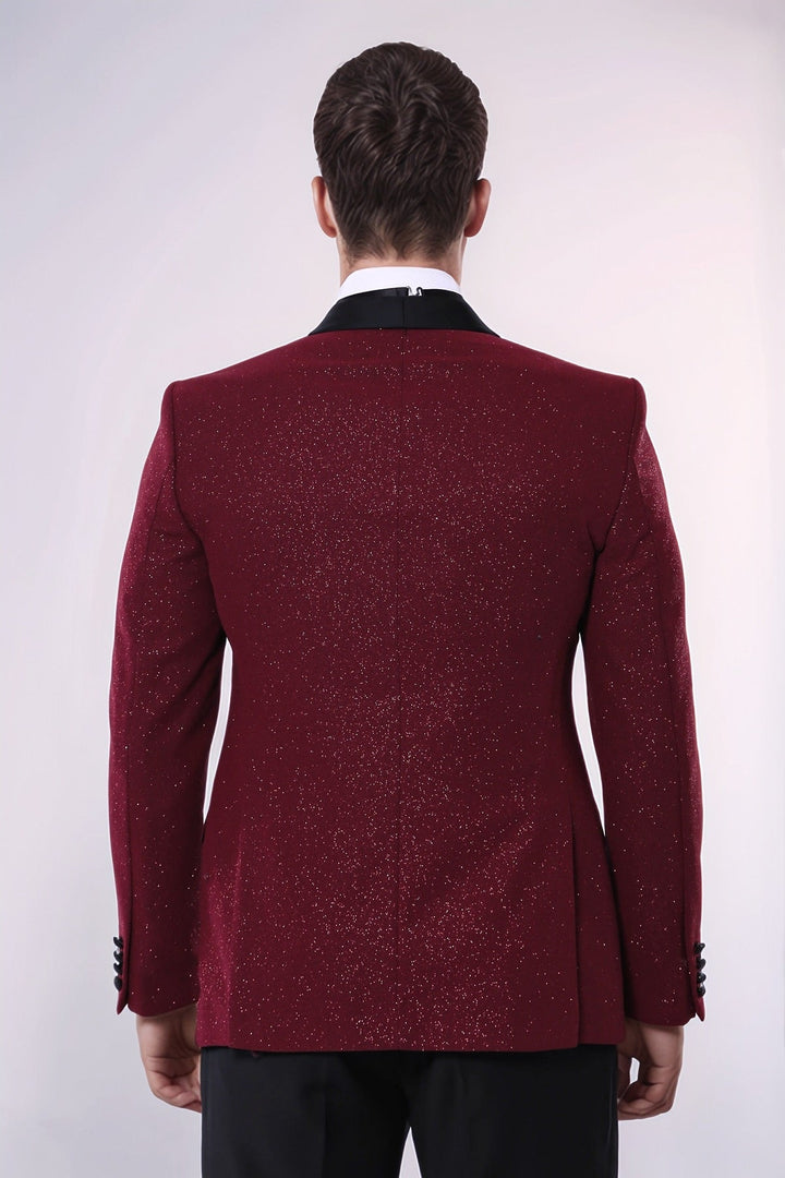 Giacca da smoking da uomo scintillante con risvolto sciallato bordeaux - Wessi
