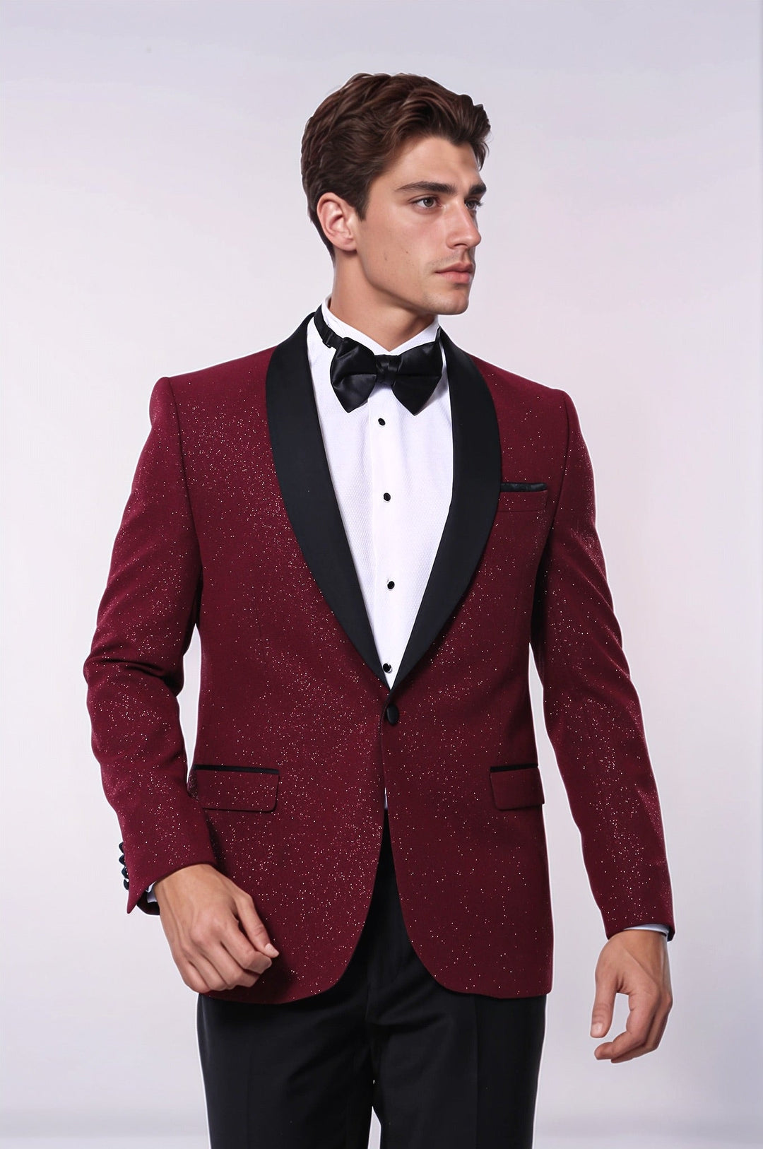 Giacca da smoking da uomo scintillante con risvolto sciallato bordeaux - Wessi