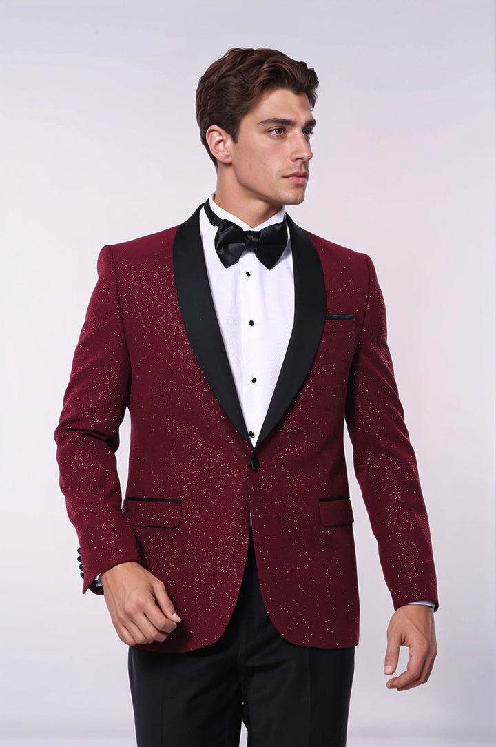 Giacca da smoking da uomo scintillante con risvolto sciallato bordeaux - Wessi