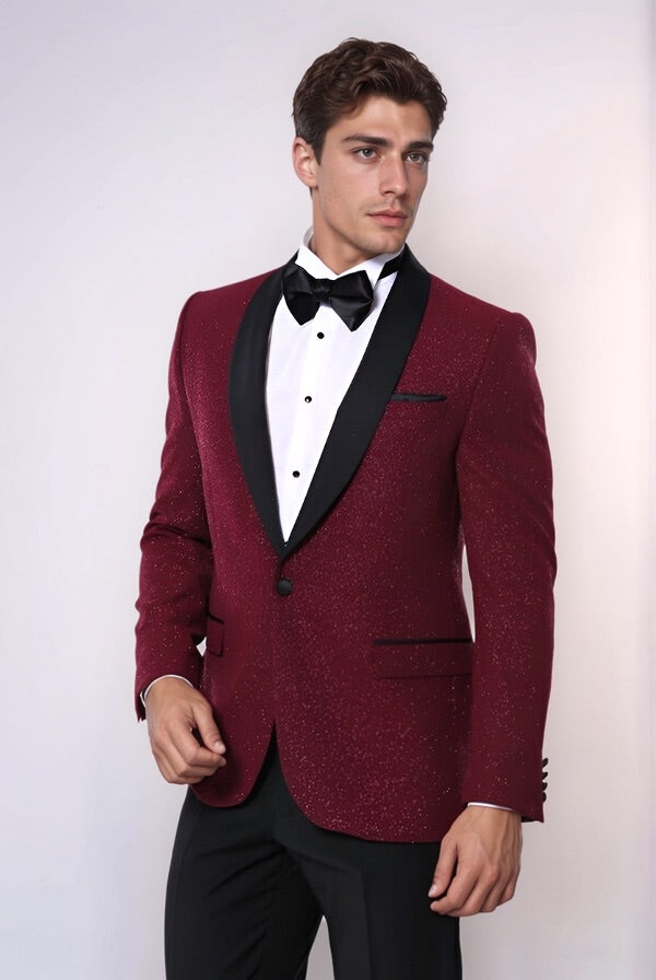Giacca da smoking da uomo scintillante con risvolto sciallato bordeaux - Wessi