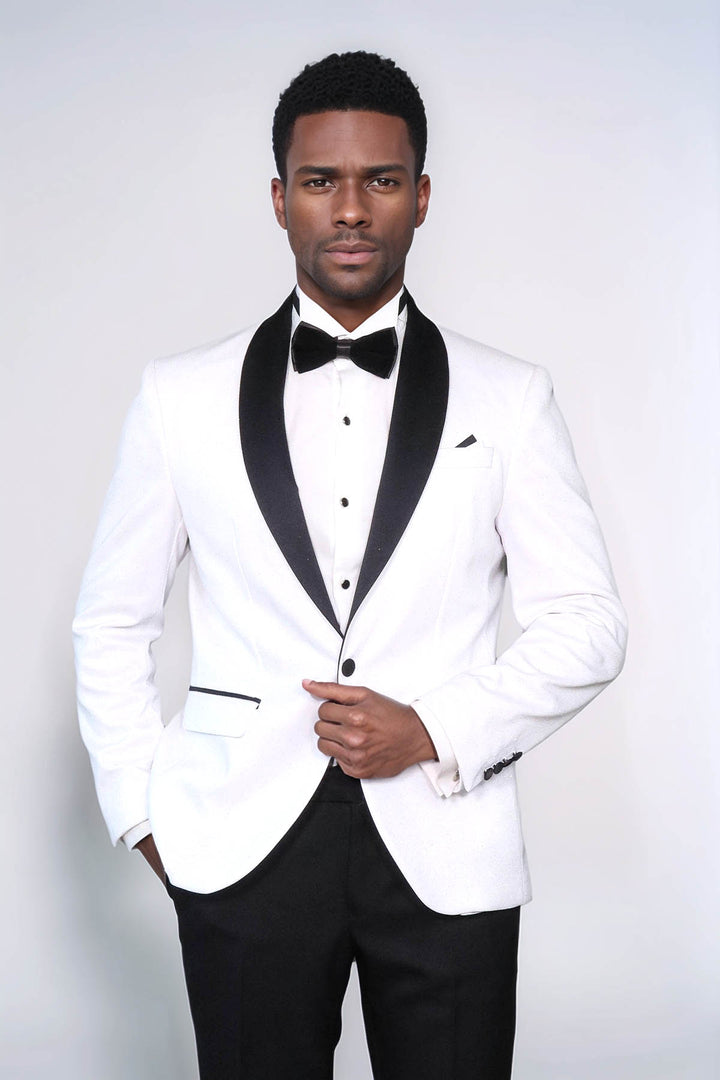 Slim Fit Shawl Lapel White Men Shiny Blazer - Wessi