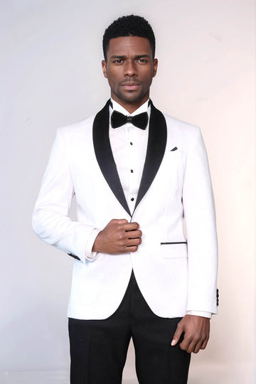 Blazer de bal pour hommes, coupe cintrée, revers châle, blanc brillant