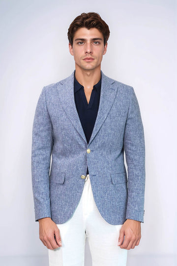 Dark Blue Textured Linen-Feel Gold Metal Button Slim Fit Men's Blazer Jacket - Wessi