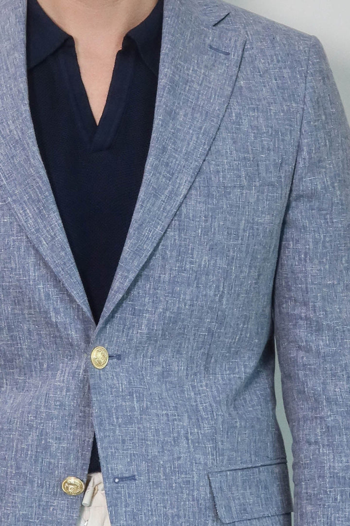 Dark Blue Textured Linen-Feel Gold Metal Button Slim Fit Men's Blazer Jacket - Wessi