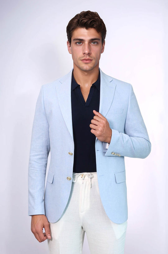 Light Blue Textured Linen-Feel Gold Metal Button Slim Fit Men's Blazer Jacket - Wessi Light Blue Textured Linen-Feel Gold Metal Button Slim Fit Men's Blazer Jacket - Wessi