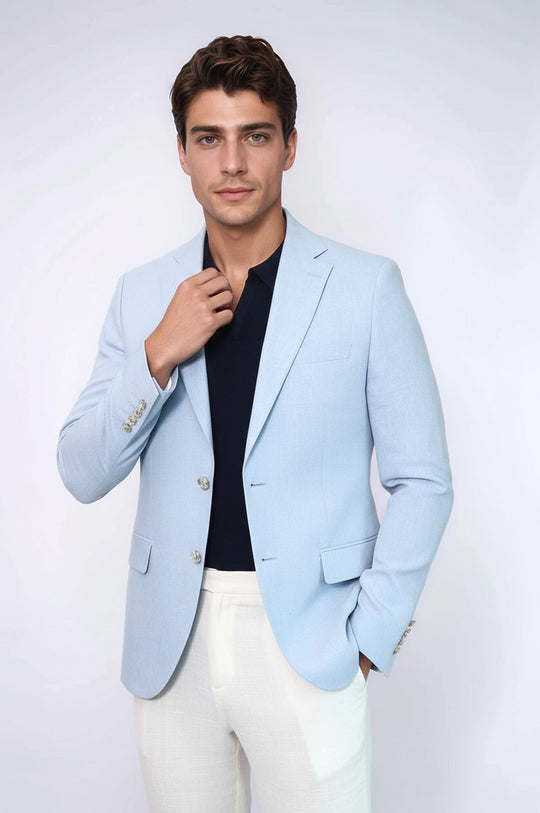 Light Blue Textured Linen-Feel Gold Metal Button Slim Fit Men's Blazer | Wessi Wessi - Discover Diversity Light Blue Textured Linen-Feel Gold Metal Button Slim Fit Men's Blazer | Wessi Wessi - Discover Diversity